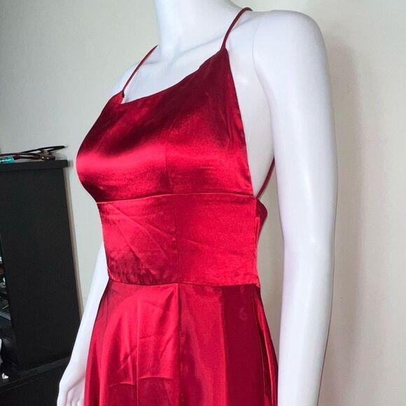 Betsy & Adam Criss Cross Back Spaghetti Strap Satin Gown - Picture 10 of 14